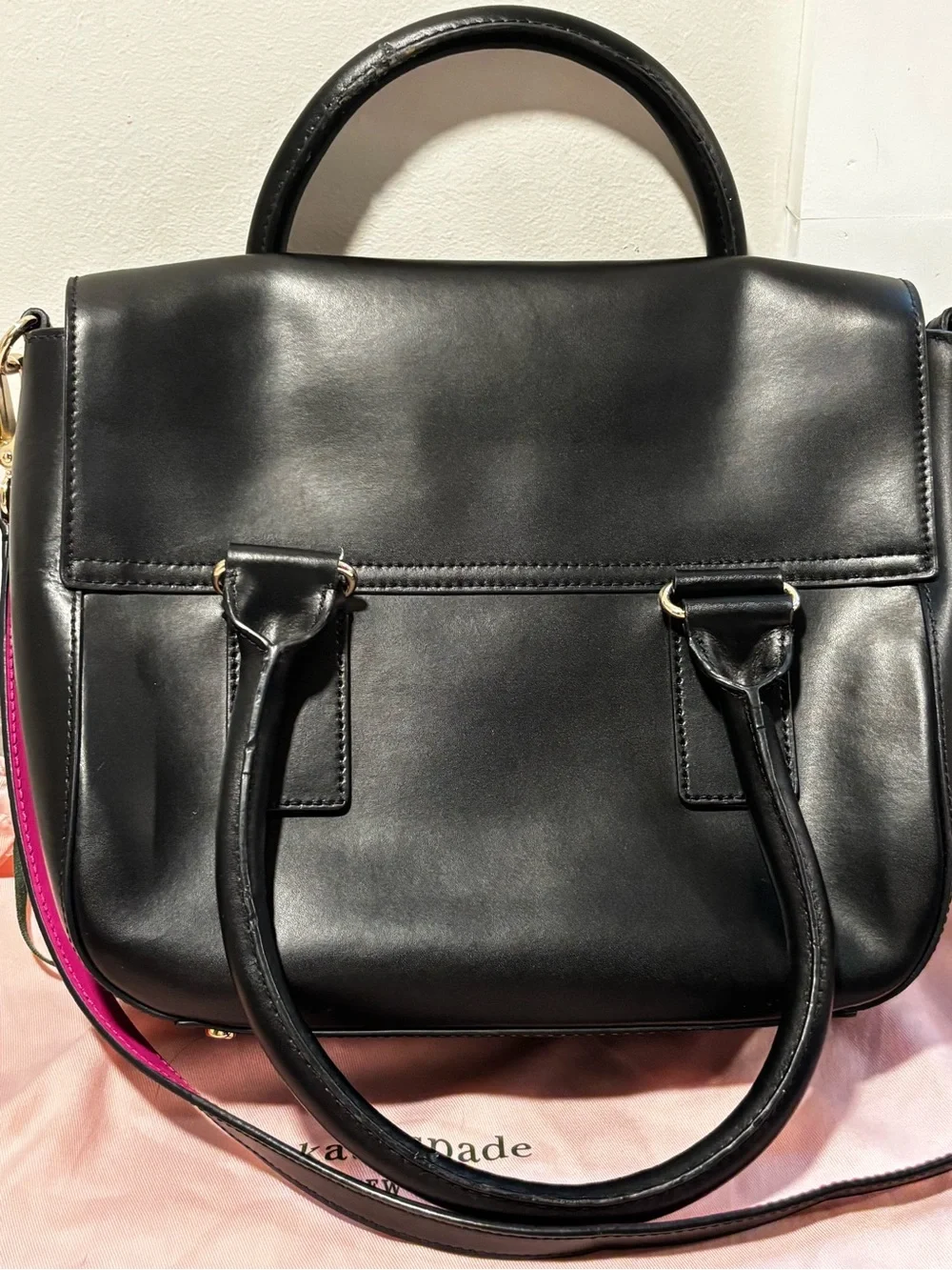 Kate Spade Make it Mine Black Leather Satchel with Pink-Trim Strap